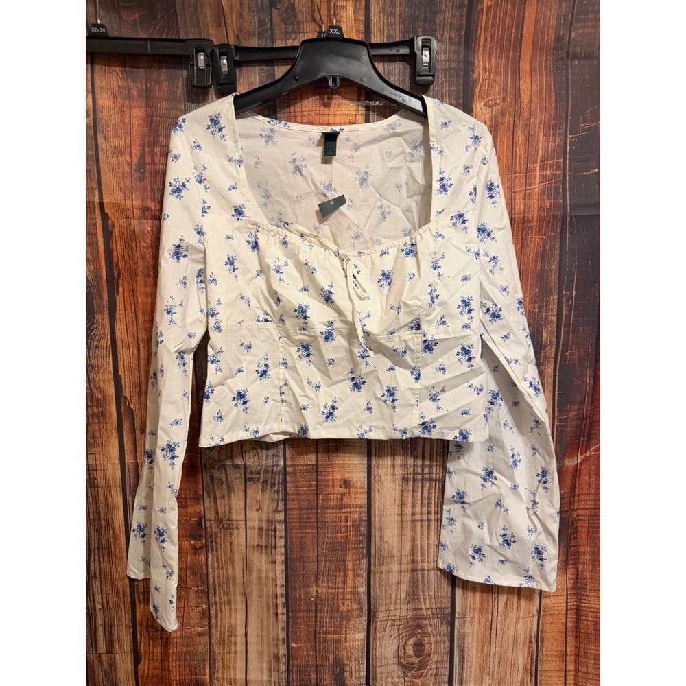 Wild Fable Floral Long Sleeve Crop Top Blue White Square Neck Smocked Back L